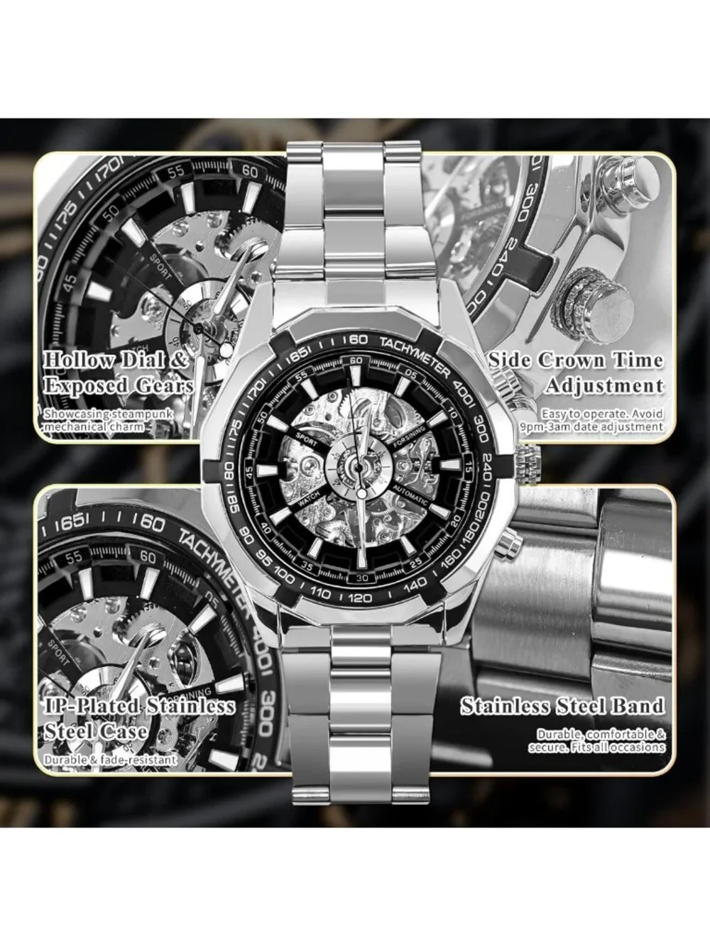 Stylish Mechanical Skeleton Watch for Men, Waterproof Stainless Steel, Luxury